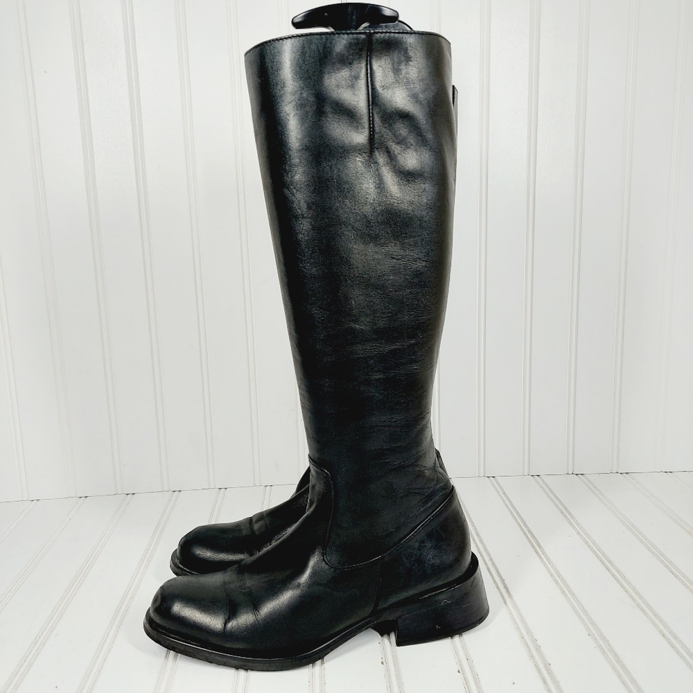 Nine West Kameo Black Leather Chunky Y2K Tall Side Zip Boots A302